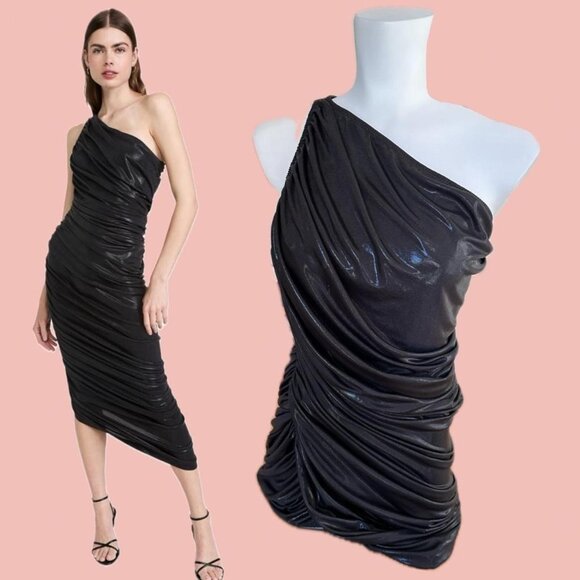Elegant and sculptural Norma Kamali strapless maxi dress in glossy black - Picture 1 of 8